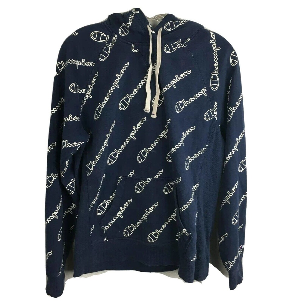 Champion Authentic Sweatshirt Mens Sz M Navy Blue White Logo Print Hoodie
